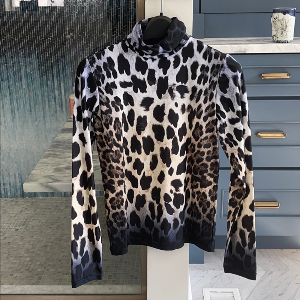 R13 mock turtleneck with blue ombré leopard print